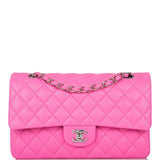 Sac Classique à Double Rabat Chanel Medium en Agneau Matelassé Rose Néon avec Accastillage Argenté