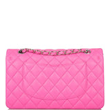 Sac Classique à Double Rabat Chanel Medium en Agneau Matelassé Rose Néon avec Accastillage Argenté