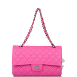 Sac Classique à Double Rabat Chanel Medium en Agneau Matelassé Rose Néon avec Accastillage Argenté