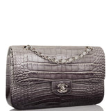 Sac Chanel Classique Double Rabat Moyen Ombre Gris Mat Alligator Métallerie Argentée