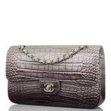 Sac Chanel Classique Double Rabat Moyen Ombre Gris Mat Alligator Métallerie Argentée