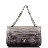 Sac Chanel Classique Double Rabat Moyen Ombre Gris Mat Alligator Métallerie Argentée
