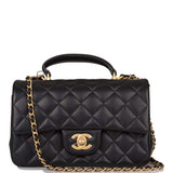 Sac Chanel Mini Rabat Rectangulaire avec Poignée Cuir d'Agneau Noir Métal Doré Vieilli