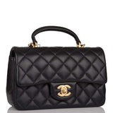 Sac Chanel Mini Rabat Rectangulaire avec Poignée Cuir d'Agneau Noir Métal Doré Vieilli
