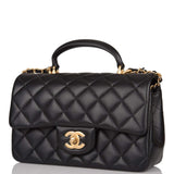 Sac Chanel Mini Rabat Rectangulaire avec Poignée Cuir d'Agneau Noir Métal Doré Vieilli