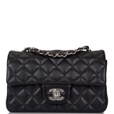 Sac à rabat Chanel Mini Rectangulaire Agneau Noir Finitions Argent Clair