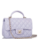 Sac Mini Rectangulaire à Rabat avec Poignée Chanel en Agneau Matelassé Lavande Clair et Quincaillerie Dorée Pâle