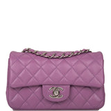 Sac Chanel Mini Classic Flap Rectangulaire Matelassé Violet en Agneau, Bijouterie Argentée