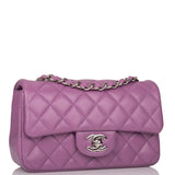 Sac Chanel Mini Classic Flap Rectangulaire Matelassé Violet en Agneau, Bijouterie Argentée