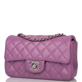 Sac Chanel Mini Classic Flap Rectangulaire Matelassé Violet en Agneau, Bijouterie Argentée