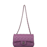 Sac Chanel Mini Classic Flap Rectangulaire Matelassé Violet en Agneau, Bijouterie Argentée