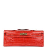 Hermès Kelly Cut Orange Poppy Crocodile Porosus Brillant Accastillage Doré