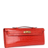 Hermès Kelly Cut Orange Poppy Crocodile Porosus Brillant Accastillage Doré