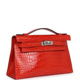 Hermès Kelly Pochette Alligator Mississippien Brillant Orange Poppy Finition Palladium
