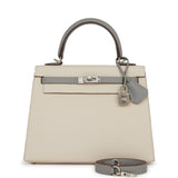 Hermès Commande Spéciale (HSS) Kelly Sellier 25 Craie et Gris Mouette Epsom Finition Palladium Brossé