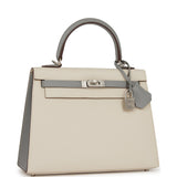 Hermès Commande Spéciale (HSS) Kelly Sellier 25 Craie et Gris Mouette Epsom Finition Palladium Brossé