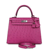Hermès Kelly Sellier 25 Rose Pourpre Autruche Palladium Hardware