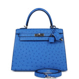 Hermes Kelly Sellier 25 Autruche Bleuet Palladium