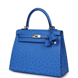 Hermes Kelly Sellier 25 Autruche Bleuet Palladium