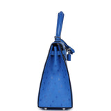 Hermes Kelly Sellier 25 Autruche Bleuet Palladium