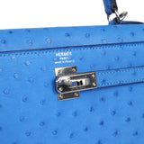 Hermes Kelly Sellier 25 Autruche Bleuet Palladium