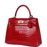 Hermès Kelly 25 Sellier Braise Alligator Mississippiensis Brillant Métal Doré