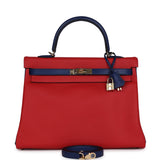 Hermes Commande Spéciale (HSS) Kelly Retourne 35 Vermillon et Bleu Saphir Swift Métal Permabrass