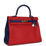 Hermes Commande Spéciale (HSS) Kelly Retourne 35 Vermillon et Bleu Saphir Swift Métal Permabrass