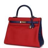 Hermes Commande Spéciale (HSS) Kelly Retourne 35 Vermillon et Bleu Saphir Swift Métal Permabrass
