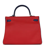 Hermes Commande Spéciale (HSS) Kelly Retourne 35 Vermillon et Bleu Saphir Swift Métal Permabrass