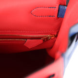 Hermes Commande Spéciale (HSS) Kelly Retourne 35 Vermillon et Bleu Saphir Swift Métal Permabrass