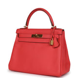 Hermes Kelly Retourne 28 Rose Jaipur Clemence Accastillage Doré