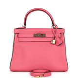 Hermès Commande Spéciale (HSS) Kelly Retourne 28 Rose Azalée et Vert Vertigo Cuir Swift Accastillage Doré