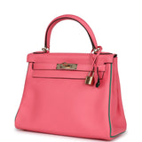 Hermès Commande Spéciale (HSS) Kelly Retourne 28 Rose Azalée et Vert Vertigo Cuir Swift Accastillage Doré
