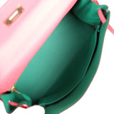 Hermès Commande Spéciale (HSS) Kelly Retourne 28 Rose Azalée et Vert Vertigo Cuir Swift Accastillage Doré