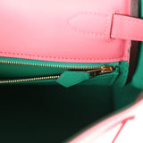 Hermès Commande Spéciale (HSS) Kelly Retourne 28 Rose Azalée et Vert Vertigo Cuir Swift Accastillage Doré