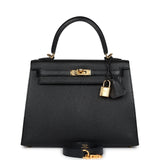 Sac Kelly Sellier 25 Hermès Noir Chèvre Mysore Finition Or