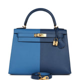 Hermès Kelly Sellier 28 Casaque Bleu profond et Mykonos Quincaillerie dorée Epsom