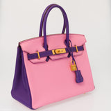 Hermes Birkin 30 HSS Rose Confetti & Anemone cuir de chèvre finition or brossé - 2014, R carré