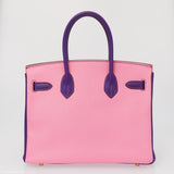 Hermes Birkin 30 HSS Rose Confetti & Anemone cuir de chèvre finition or brossé - 2014, R carré