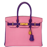 Hermes Birkin 30 HSS Rose Confetti & Anemone cuir de chèvre finition or brossé - 2014, R carré