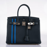 Hermès Birkin 30 Officier Vert Cyprès Togo & Doublure et Bande Bleu Zellige Finition Palladium - 2018, C