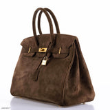 Hermes Birkin 35 Daim Veau Doblis Chocolat avec Accastillage Doré - 2011, Carré O