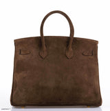 Hermes Birkin 35 Daim Veau Doblis Chocolat avec Accastillage Doré - 2011, Carré O