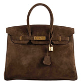 Hermes Birkin 35 Daim Veau Doblis Chocolat avec Accastillage Doré - 2011, Carré O