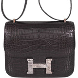 Hermès Constance 18 Mini Noir Alligator mat avec boucle en lézard, finitions palladium - 2020, Y