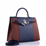 Hermès Kelly Flag 35 Sellier Bleu Saphir & Rouge H Epsom Métal Argenté Palladium - 2014, Carré R