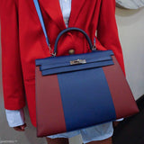 Hermès Kelly Flag 35 Sellier Bleu Saphir & Rouge H Epsom Métal Argenté Palladium - 2014, Carré R