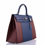 Hermès Kelly Flag 35 Sellier Bleu Saphir & Rouge H Epsom Métal Argenté Palladium - 2014, Carré R