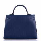 Hermès Kelly Flag 35 Sellier Bleu Saphir & Rouge H Epsom Métal Argenté Palladium - 2014, Carré R